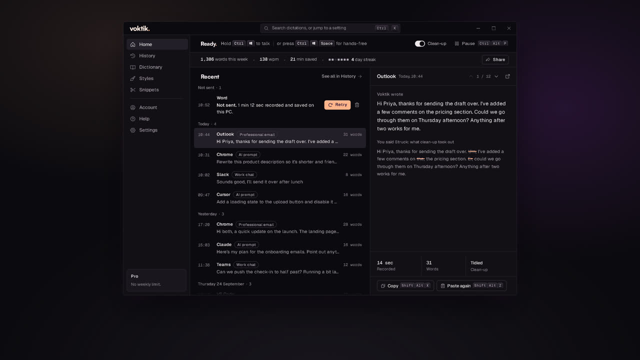 Voktik's Home screen: recent dictations with the app each went into, and the words Voktik typed