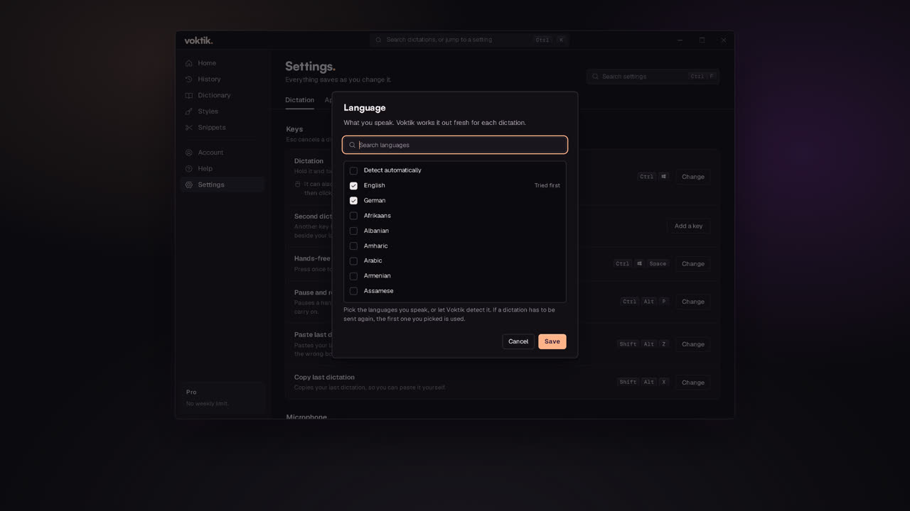 Choosing languages: English and German ticked, with Detect automatically at the top of the list